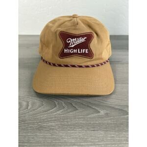 Miller High Life Beer Logo Patch Rope Trim Snapback Hat/ Cap Tan- EUC‎
